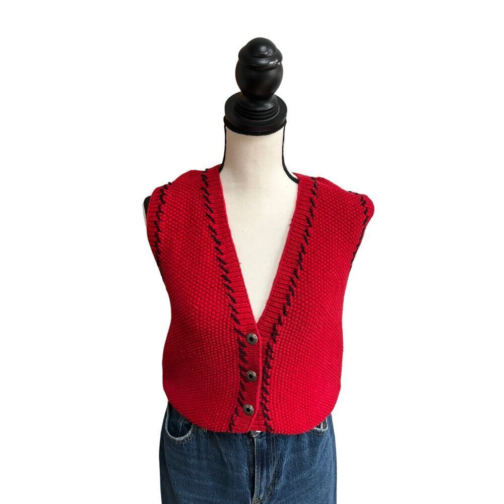 Vintage Lizsport Hand Knit Red Linen Cotton Button Vest Womens S Western Sweater - Picture 1 of 7